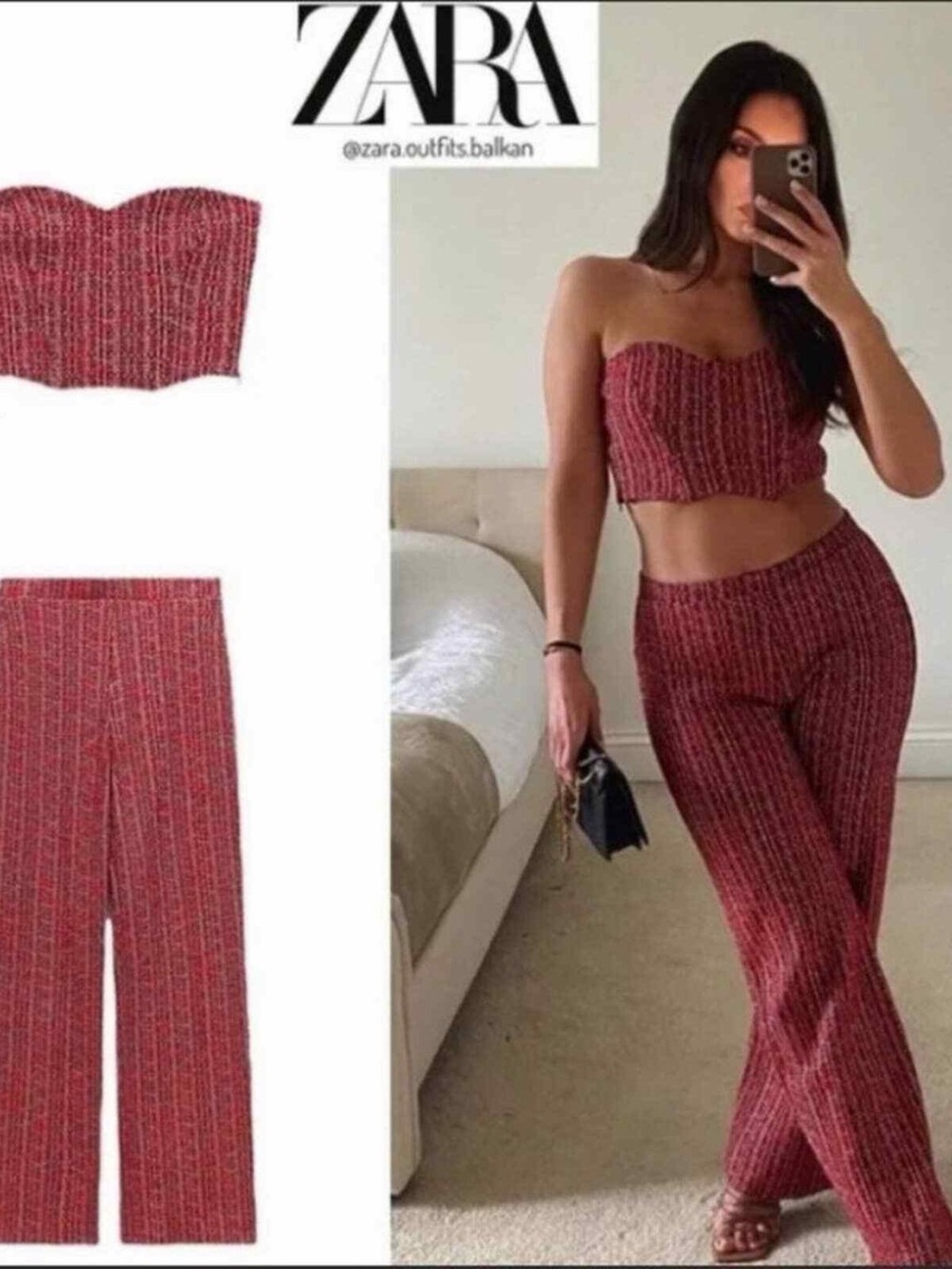 Zara Red Tweed Strapless Crop Top & Wide-Leg Pants
